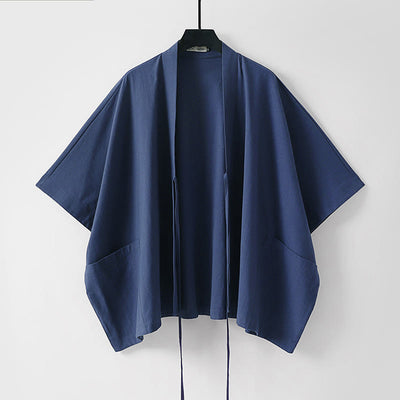 Buddha Stones Summer Minimalist Drawstring Lace-up Solid Short Sleeve Men's Kimono With Pockets - image 6