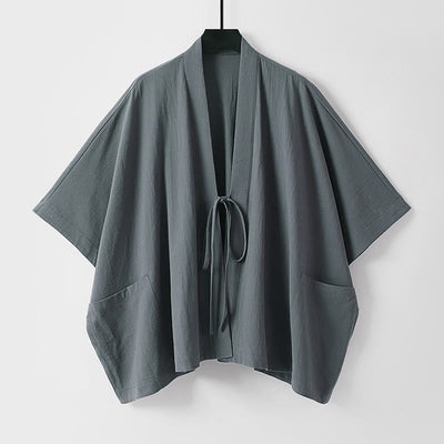 Buddha Stones Summer Minimalist Drawstring Lace-up Solid Short Sleeve Men's Kimono With Pockets - DimGray - US/UK/AU40, EU50 (L) - image 0