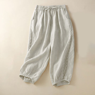 Buddha Stones Solid Color Flower Loose Drawstring Harem Pants With Pockets - Beige - US8-10，UK/AU12-14，EU40-42 (2XL) - image 0