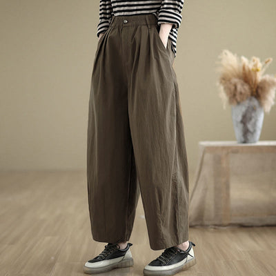 Buddha Stones Casual Solid Color One Top Button Elastic Waistband Women's Pants With Pockets - image 4