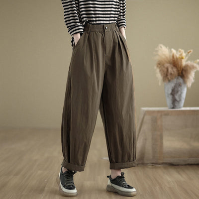 Buddha Stones Casual Solid Color One Top Button Elastic Waistband Women's Pants With Pockets - SaddleBrown - US8-10，UK/AU12-14，EU40-42 (2XL) - image 0