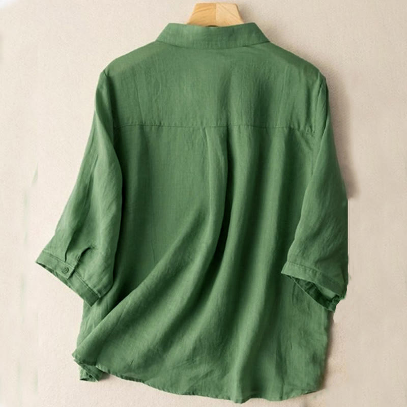 Buddha Stones Casual Women's Embroidery Standing Collar Half Sleeve Design Shirt - image 1