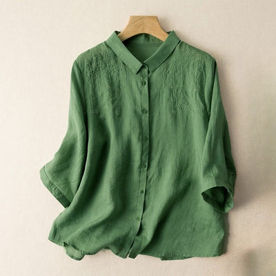 Buddha Stones Casual Women's Embroidery Standing Collar Half Sleeve Design Shirt - MediumSeaGreen - US8-10，UK/AU12-14，EU40-42 (2XL) - image 0