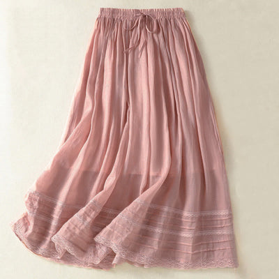 Buddha Stones Summer Plain Drawstring Lace Patchwork Design Women's 7-8 Length Skirt - LightPink - US8-10，UK/AU12-14，EU40-42 (2XL) - image 0