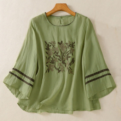 Buddha Stones Retro Embroidery Floral Three Quarter Sleeve Women's T-Shirt - LightGreen - US14，UK/AU18，EU46 (2XL) - image 16