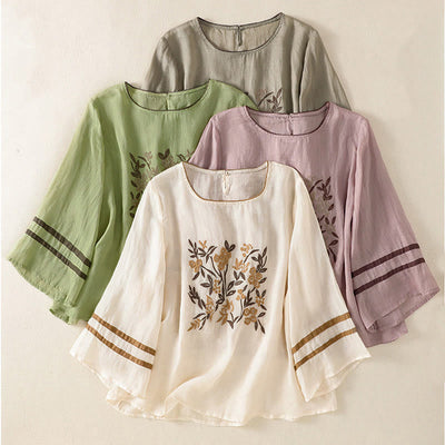 Buddha Stones Retro Embroidery Floral Three Quarter Sleeve Women's T-Shirt - image 31
