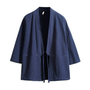 Foviel Solid Color Lace-up Three Quarter Sleeve Open Front Jacket Men's Kimono