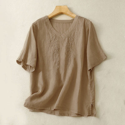 Buddha Stones Casual Women's Embroidered Flower V-neck Design Loose Half Sleeve Shirt - Tan - US8-10，UK/AU12-14，EU40-42 (2XL) - image 12