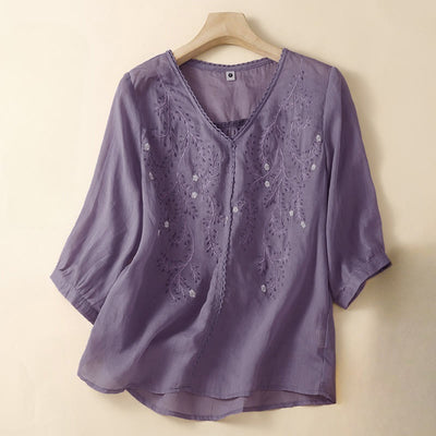Buddha Stones Summer Casual Flower Branches Embroidered Pattern V-Neck Half Sleeve Women's T-shirt - MediumOrchid - US8-10，UK/AU12-14，EU40-42 (2XL) - image 6