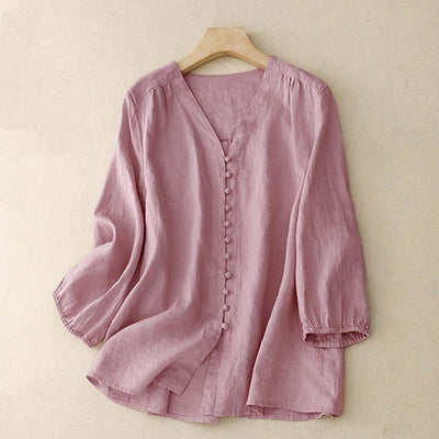 Buddha Stones V-Neck Design Women's Long Sleeve Shirt - Pink - US8-10，UK/AU12-14，EU40-42 (2XL) - image 0
