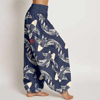 Buddha Stones Pure Cotton Swimming Koi Fish Women's Elastic Waist Harem Pants - image 2