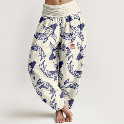 Buddha Stones Pure Cotton Swimming Koi Fish Women's Elastic Waist Harem Pants - Linen - US16，UK/AU20，EU48 (3XL) - image 5