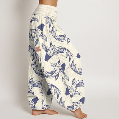 Buddha Stones Pure Cotton Swimming Koi Fish Women's Elastic Waist Harem Pants - image 7