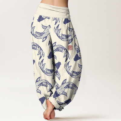 Buddha Stones Pure Cotton Swimming Koi Fish Women's Elastic Waist Harem Pants - image 6