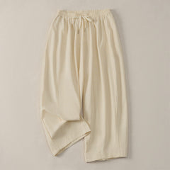 Buddha Stones Summer Casual Simple Drawstring Solid Cotton Linen Cropped Pants Women's Harem Pants With Pocket - Beige - US8-10, UK/AU12-14, EU40-42 (2XL) - image 0