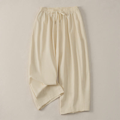 Buddha Stones Summer Casual Simple Drawstring Solid Cotton Linen Cropped Pants Women's Harem Pants With Pocket - Beige - US8-10, UK/AU12-14, EU40-42 (2XL) - image 0