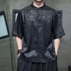 Buddha Stones Summer Vintage Tang Style Mandarin Collar Dragon Clouds Pattern Men's Short Sleeve Shirts - Black - US/UK/AU46, EU56 (5XL) - image 0