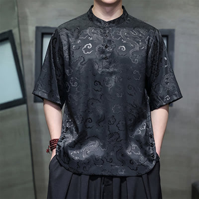 Buddha Stones Summer Vintage Tang Style Mandarin Collar Dragon Clouds Pattern Men's Short Sleeve Shirts - Black - US/UK/AU46, EU56 (5XL) - image 0