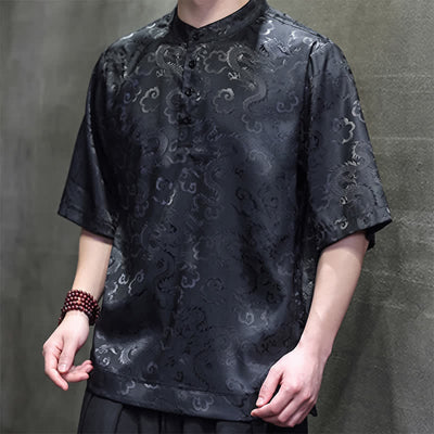 Buddha Stones Summer Vintage Tang Style Mandarin Collar Dragon Clouds Pattern Men's Short Sleeve Shirts - image 8