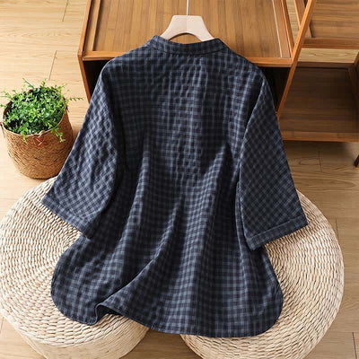 Buddha Stones Spring Summer Casual Tang Style Mandarin Collar Black Plaid Women's Three-Quarter Sleeve Shirts - image 1