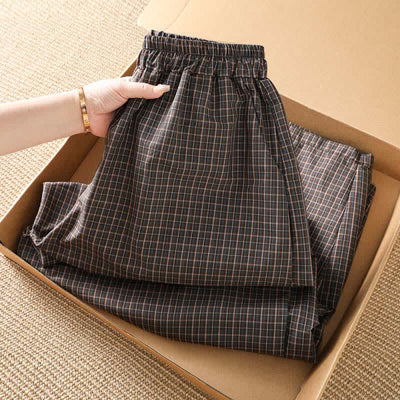 Buddha Stones Spring Summer Casual Brown Plaid Cropped Pants Women's Wide Leg Pants With Pockets - image 3