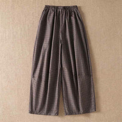Buddha Stones Spring Summer Casual Brown Plaid Cropped Pants Women's Wide Leg Pants With Pockets - Sienna - US8-10, UK/AU12-14, EU40-42 (2XL) - image 0
