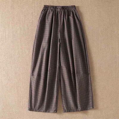 Buddha Stones Spring Summer Casual Brown Plaid Cropped Pants Women's Wide Leg Pants With Pockets - Sienna - US8-10, UK/AU12-14, EU40-42 (2XL) - image 0