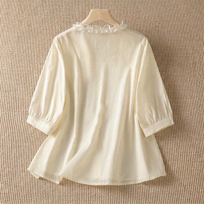Buddha Stones Summer Casual Elegant Solid V-Neck Layered Ruffle Women's Three-Quarter Sleeve Shirts - image 16