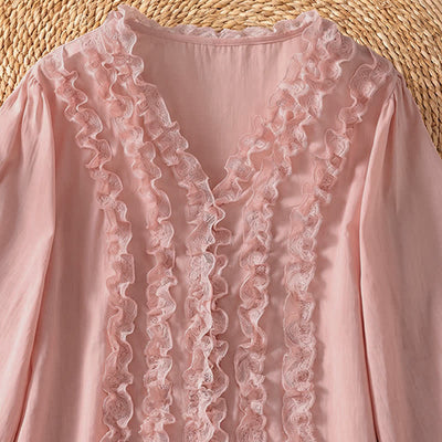 Buddha Stones Summer Casual Elegant Solid V-Neck Layered Ruffle Women's Three-Quarter Sleeve Shirts - image 5