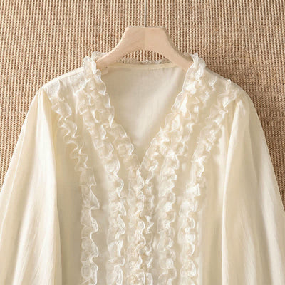 Buddha Stones Summer Casual Elegant Solid V-Neck Layered Ruffle Women's Three-Quarter Sleeve Shirts - image 17