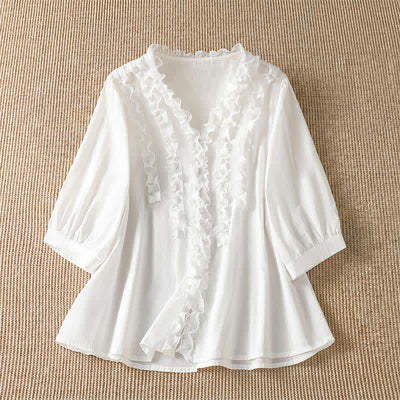 Buddha Stones Summer Casual Elegant Solid V-Neck Layered Ruffle Women's Three-Quarter Sleeve Shirts - White - US8-10, UK/AU12-14, EU40-42 (XL) - image 24