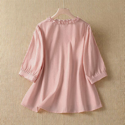 Buddha Stones Summer Casual Elegant Solid V-Neck Layered Ruffle Women's Three-Quarter Sleeve Shirts - image 1