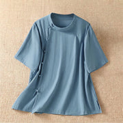 Foviel Sommer Casual Tang Style Frog Knopf Crew Hals Solide Damen Kurzarm Hemden