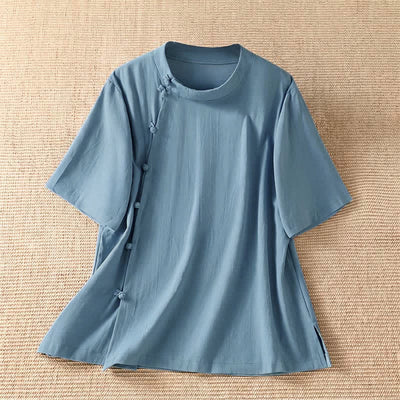 Buddha Stones Summer Casual Tang Style Frog Button Crew Neck Solid Women's Short Sleeve Shirts - LightBlue - US8-10, UK/AU12-14, EU40-42 (2XL) - image 0