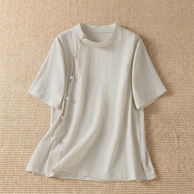 Buddha Stones Summer Casual Tang Style Frog Button Crew Neck Solid Women's Short Sleeve Shirts - Beige - US8-10, UK/AU12-14, EU40-42 (2XL) - image 5