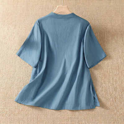Buddha Stones Summer Casual Tang Style Frog Button Crew Neck Solid Women's Short Sleeve Shirts - image 1