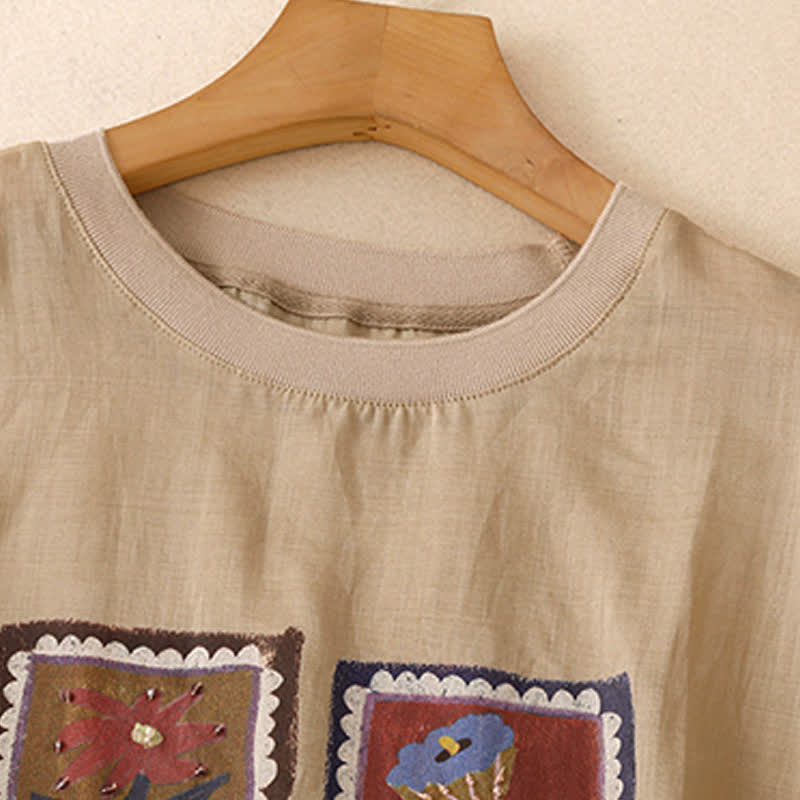 Buddha Stones Summer Casual Vintage Floral Square Patchwork Women's Short Sleeve T-Shirts - image 2