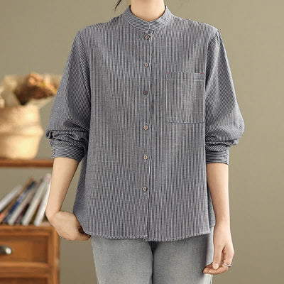 Buddha Stones Summer Casual Tang Style Mandarin Collar Striped Women's Long Sleeve Shirts With Patch Pocket - image 2