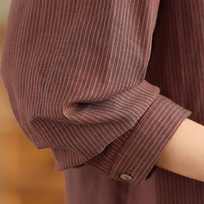 Buddha Stones Summer Casual Tang Style Mandarin Collar Striped Women's Long Sleeve Shirts With Patch Pocket - image 18