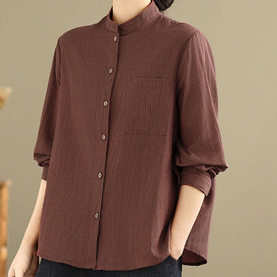 Buddha Stones Summer Casual Tang Style Mandarin Collar Striped Women's Long Sleeve Shirts With Patch Pocket - image 12