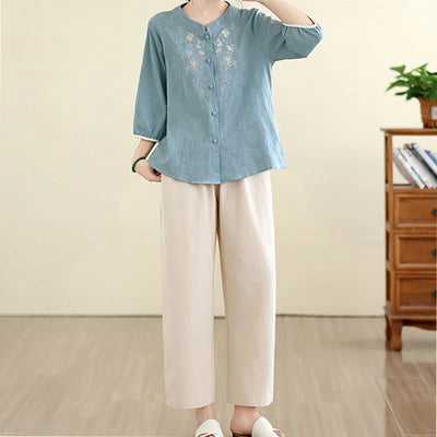 Buddha Stones Summer Vintage Tang Style Embroidery Floral Women's Three-Quarter Sleeve Shirts - image 21