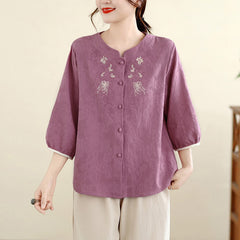 Buddha Stones Summer Vintage Tang Style Embroidery Floral Women's Three-Quarter Sleeve Shirts - PaleVioletRed - US12, UK/AU16, EU44 (3XL) - image 0