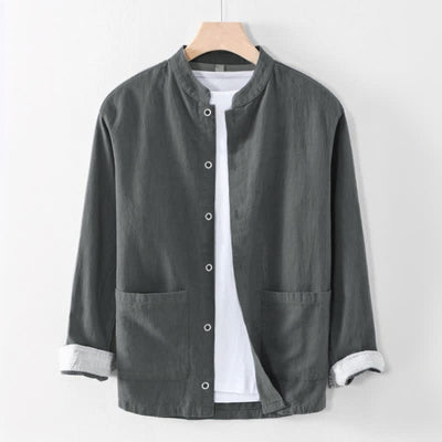 Buddha Stones Spring Summer Casual Tang Style Mandarin Collar Solid Men's Long Sleeve Shirts With Pocket - DimGray - US/UK/AU44, EU54 (4XL) - image 3