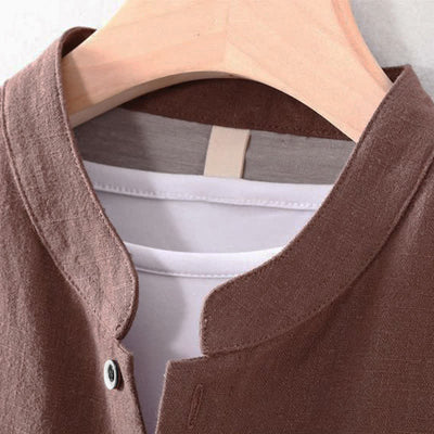 Buddha Stones Spring Summer Casual Tang Style Mandarin Collar Solid Men's Long Sleeve Shirts With Pocket - image 1