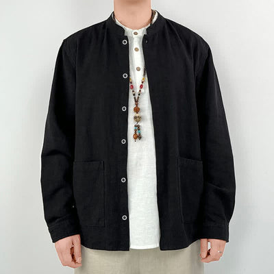 Buddha Stones Spring Summer Casual Tang Style Mandarin Collar Solid Men's Long Sleeve Shirts With Pocket - Black - US/UK/AU44, EU54 (4XL) - image 12
