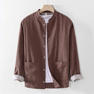 Buddha Stones Spring Summer Casual Tang Style Mandarin Collar Solid Men's Long Sleeve Shirts With Pocket - Sienna - US/UK/AU44, EU54 (4XL) - image 0
