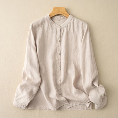 Buddha Stones Fall Casual Tang Style Mandarin Collar Solid Women's Long Sleeve Shirts - Beige - US12, UK/AU16, EU44 (3XL) - image 18