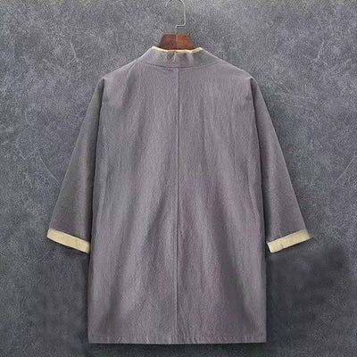Buddha Stones Spring Summer Minimalist Casual Knot Button Solid Cotton Three-Quarter Sleeve Men's Kimono - image 9