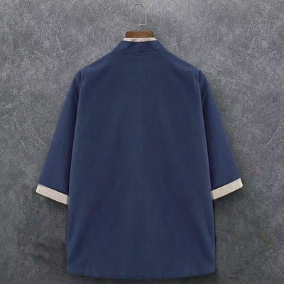 Buddha Stones Spring Summer Minimalist Casual Knot Button Solid Cotton Three-Quarter Sleeve Men's Kimono - image 1