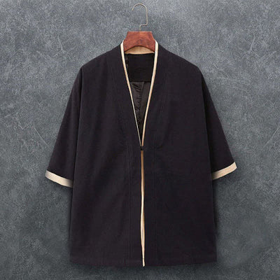 Buddha Stones Spring Summer Minimalist Casual Knot Button Solid Cotton Three-Quarter Sleeve Men's Kimono - Black - US/UK/AU46, EU56 (5XL) - image 2